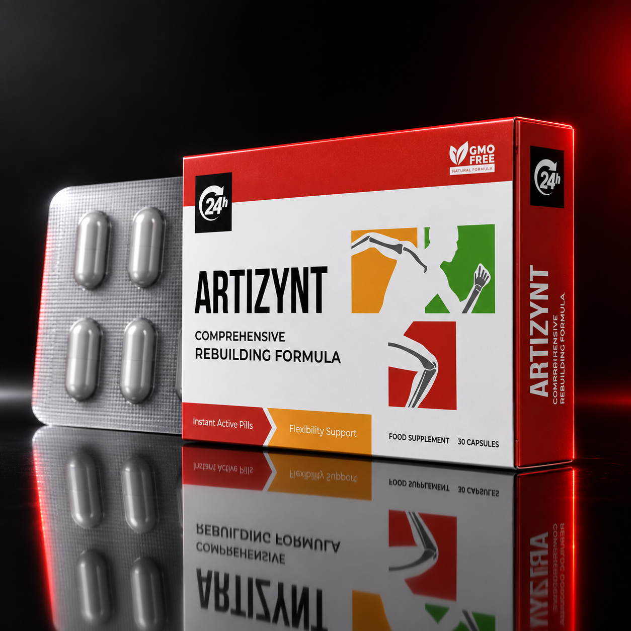 ARTIZYNT-Schachtel mit 30 Kapseln neben einem Blisterstreifen auf schwarzem, spiegelndem Grund